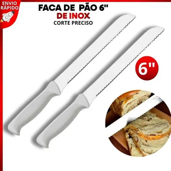 Faca de Pão 6" Em Lâmina De Aço Inox Cabo Plástico Branco Serrada Media 27,4cm