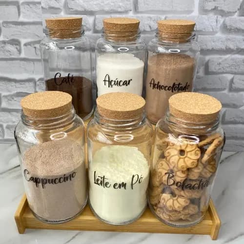 Kit Cantinho do Café 810ml | ESCOLHA SEU KIT | Potes de Vidro | Tampa de Cortiça com ou sem Adesivos | Armazenamento