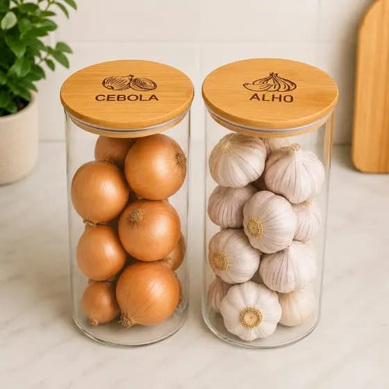 Kit Potes Alho Cebola Sal E Pimenta Organizador Cozinha Tampa De Bambu Transparente Porta Mantimentos Decorativo Cozinha