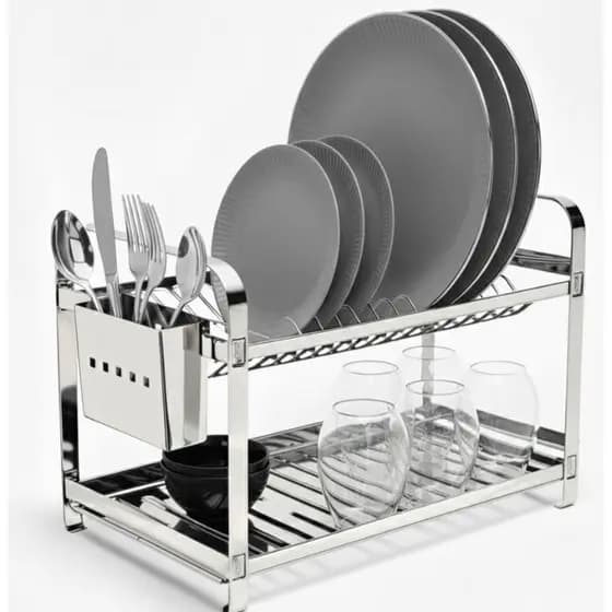 Escorredor de Louça em Aço Inox 16 Pratos com Porta Talheres Premium 2 Andares