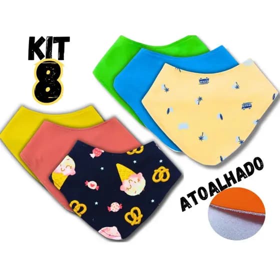 Kit 8 Babadores bandana atoalhados bebê