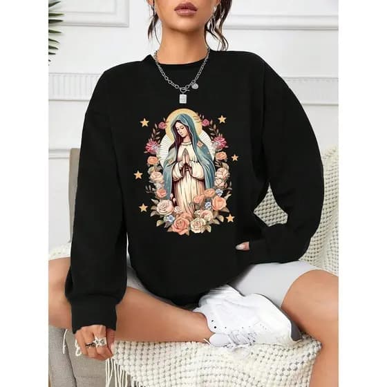 Blusa De Moletom De Ombro Caído Com Estampa Da Virgem Maria Para Mulheres