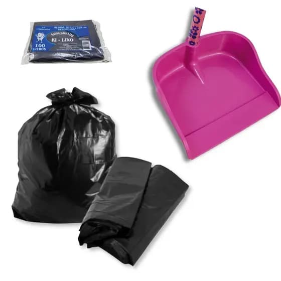 Pá De Plastico Cabo Longo Rosa + Saco De Lixo 100l Pacote C/ 10 Reforçado