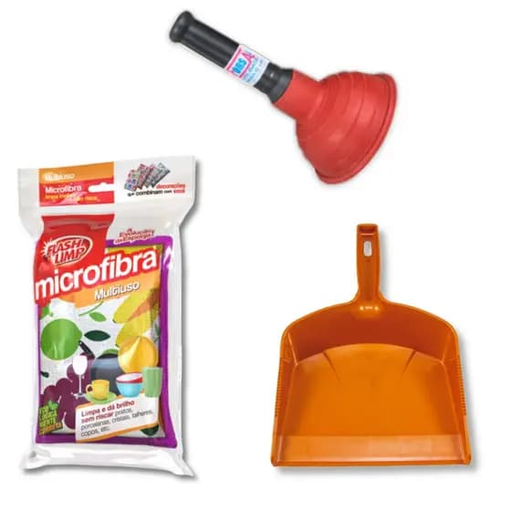Esponja Microfibra Multiuso + Desentupidor Multiuso Borracha Pressão Pias e Ralos + Pá Plástico C/ Curto