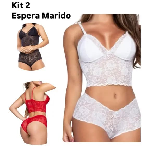 Kit 2 conjunto renda espera marido feminino com forro promoção