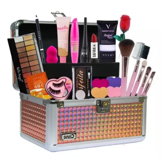 18 Produtos Kit Maquiagem Skincare e Acessórios Completo Base, Pinceis e Necessaire