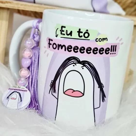 Caneca de Porcelana Personalizada - Coleção Flork - Acompanha saquinho de tecido personalizado e pingente