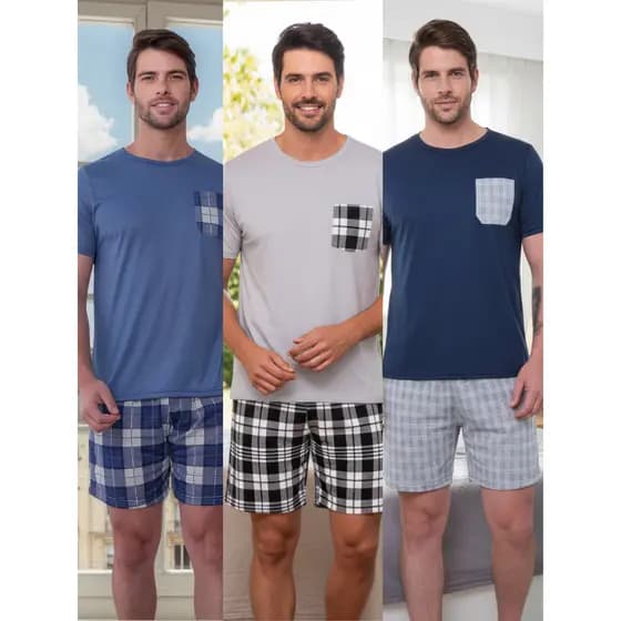 Kit 3 Conjuntos Pijamas Masculino Xadrez Short Curto Verão Original