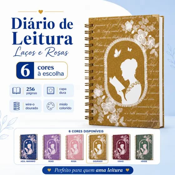Diário de Leitura Laços e Rosas Luxo - Glitter, Wire-o Dourado e Miolo Colorido 256 Págs