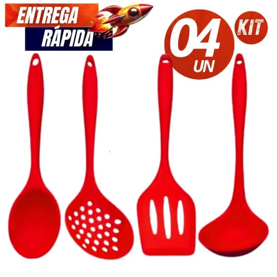 Conjunto Jogo Kit 4 Peças Utensílios de Silicone Linha Premium Colher Concha Escumadeira e Espátula Vazada Variáveis