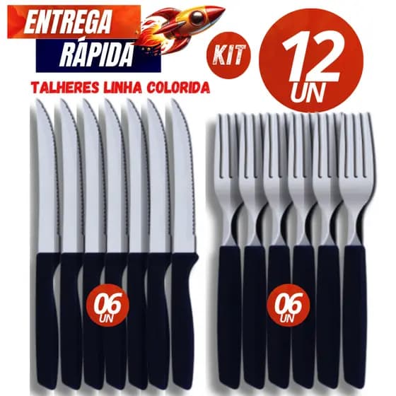 Kit Jogo De Talheres 12 Peças - 06 Garfo 06 Faca Inox Com Cabo De Plástico Premium Casa Cozinha Restaurante
