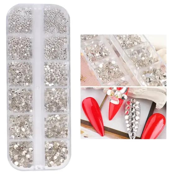Estojo Kit Strass Prata 12 Grades Para Decoração Unha Maquiagem Nail Art