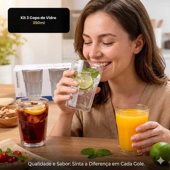 Kit Copos de Vidro 350ml com 3 Peças Práticos e Elegantes