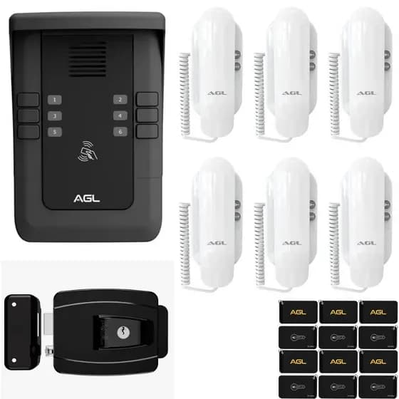 KIT PORTEIRO COLETIVO AGL S500 6 PONTOS BLUETOOTH + 6 MONOFONES + 12 TAG + FECHADURA