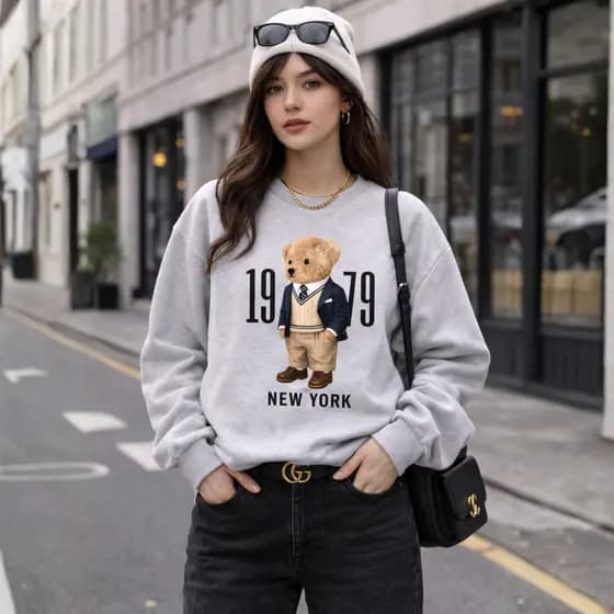Moletom Gola Careca Estampado Urso 1979 Unissex Algodão Flanelado Confortável Streetwear