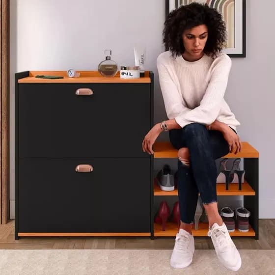 Sapateira Preta Organizadora 2 Portas Basculantes E Banco Hall De Entrada Quarto Closet Prateleiras