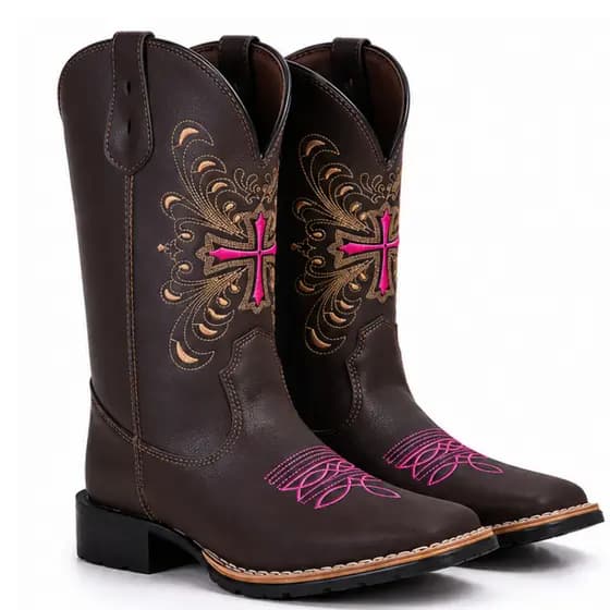 Bota Texana Feminina Country Cano Longo Marrom Bordada Cruz Rosa