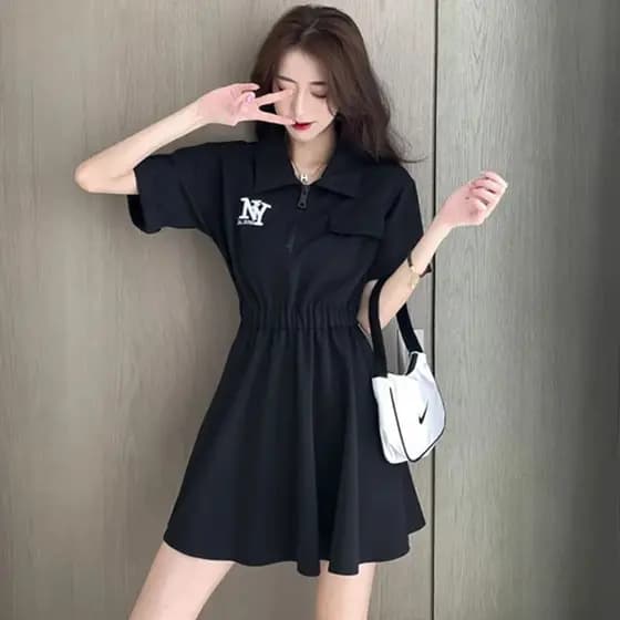 Plus Size 80KG Feminino Solto Polo Manga Curta Vestido De Comprimento Médio Roupas Femininas
