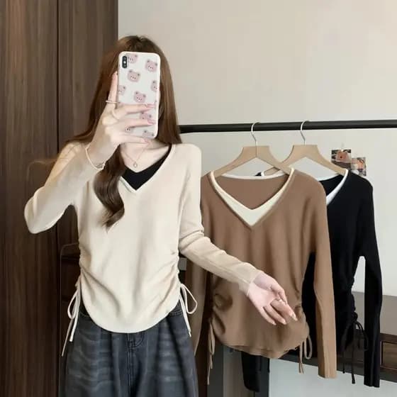 Plus Size Oversized 100KG Feminino Solto Falso Duas Peças Manga Longa Casual Com Decote Em V Camiseta Coreano Malhas De