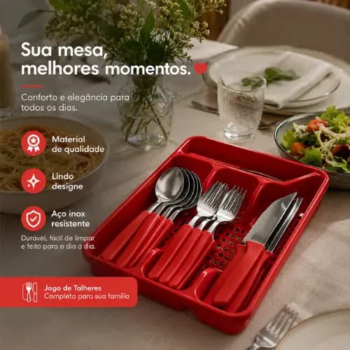 Jogo de Talheres faqueiro 25 Peças Inox + Escorredor Colher Garfo Faca Inox