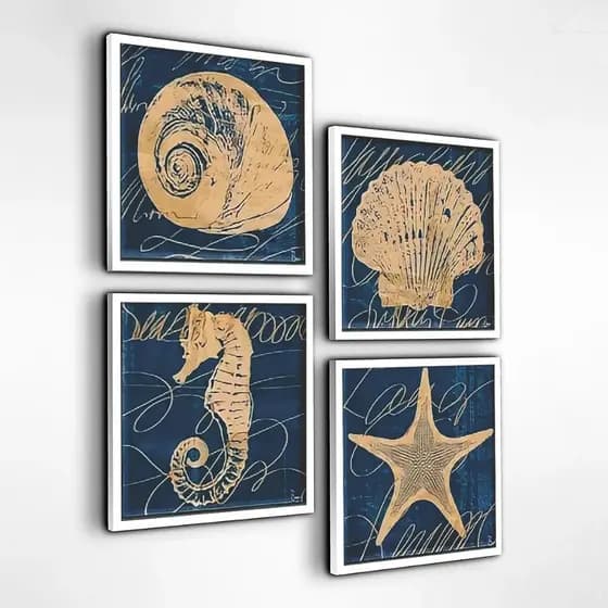 Quadros Banheiro Lavabo Sala Conchas Estrela Mar Kit 4