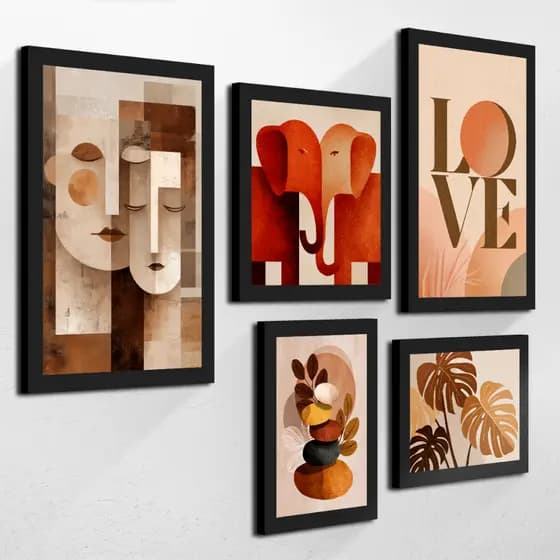 Kit de 5 Quadros Decorativos Abstratos Love Tons Terrosos Romântico Elegante Sala Quarto Cozinha