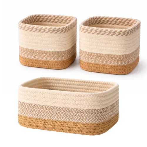 Kit 3 Cestos Organizadores Multiuso de Algodão C/ Fibra 11x10 e 20x10cm Decoração Organização