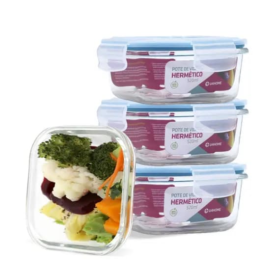 Kit 4 Potes Vidro Hermético Trava Quadrado 520ml Marmita