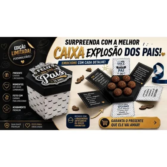 Caixa Explosão Dia dos Pais para 6 Doces Presente Personalizado Surpresa Criativa para Pai