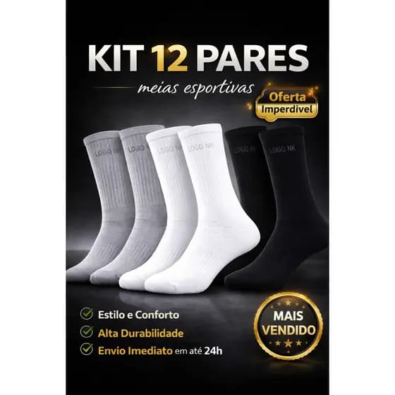 KIT 12 PARES MEIAS ESPORTIVAS CANO ALTO ALGODÃO ACADEMIA TREINO DIA A DIA MASCULINAS E FEMININAS