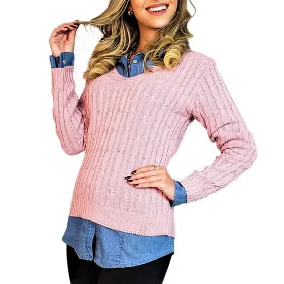 Blusa Sueter Feminino Tricot Gola V Outono Inverno