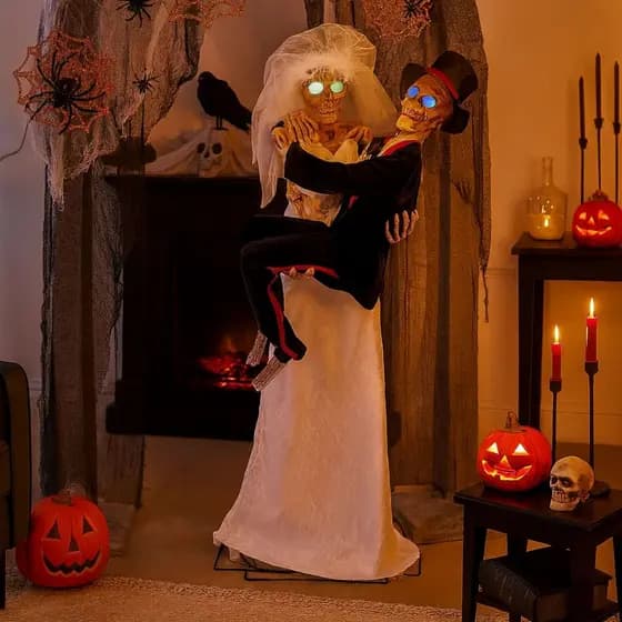 Boneco Esqueletos Noivos Animatronic Decoração Halloween Casamento C/ Luz Led Sensor Movimento Som