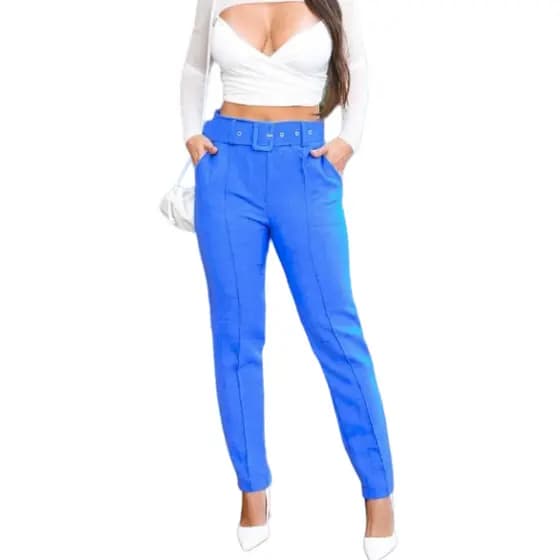 Calça Social Feminina Skinny Alfaiataria Linho Com Cinto Cintura Alta