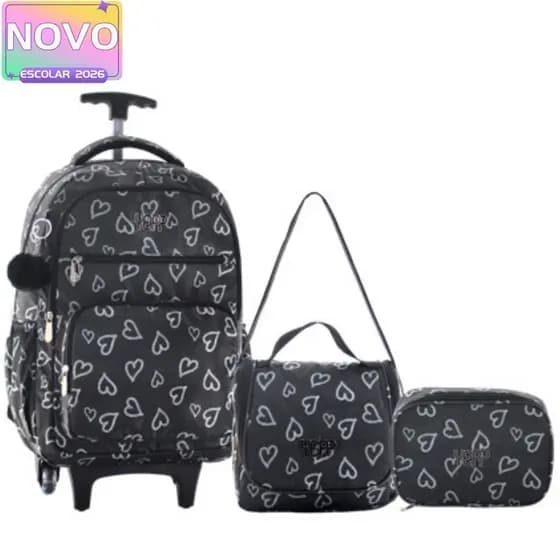 Kit Mochila 18” Juvenil 2 Rodas Estampa Coração Passeio Escolar Com Lancheira Térmica E Estojo
