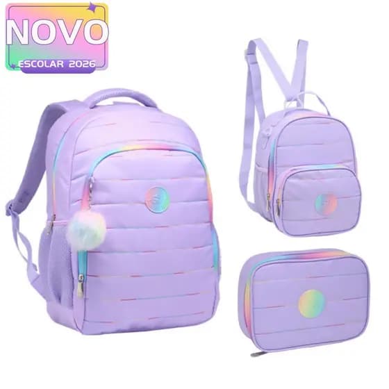 Kit Mochila De Costas Escolar Juvenil 18” Estampa Liso Feminina Com Lancheira Térmica E Estojo