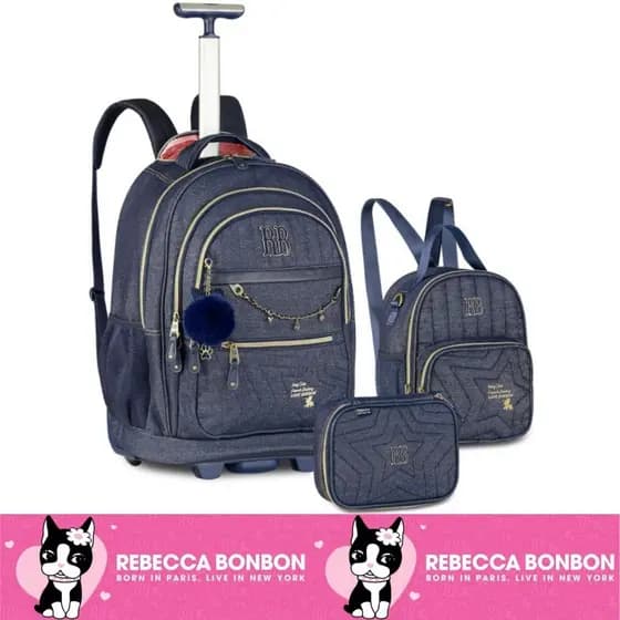 Kit Mochila Jeans Grande De Rodinha Oficial Rebecca Bonbon Lancheira Estojo