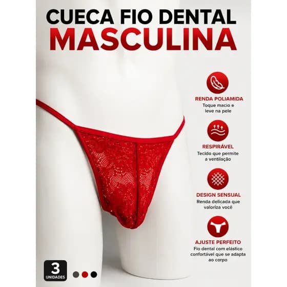 Cueca Calcinha Masculina Micro fio dental em renda Tanga masculina Em renda Fio dental