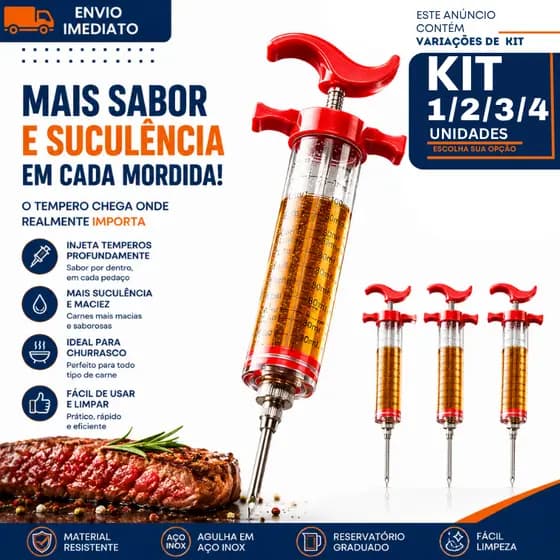 Seringa Injetoras de Tempero para Carne 1/2/3/4 Marinador Churrasco Profissional Agulha Aço Inox Gourmet