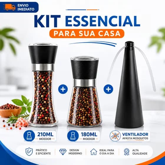 Moedor De Pimenta 210ml + Moedor De Temperos 180ml + Ventilador Repelente De Mosquitos Manual Cozinha