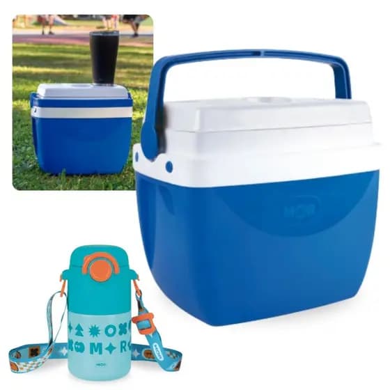 Kit Garrafa Térmica Kids 500ml Inox Azul Canudo + Caixa Térmica 12l Cooler Praia Escola Camping