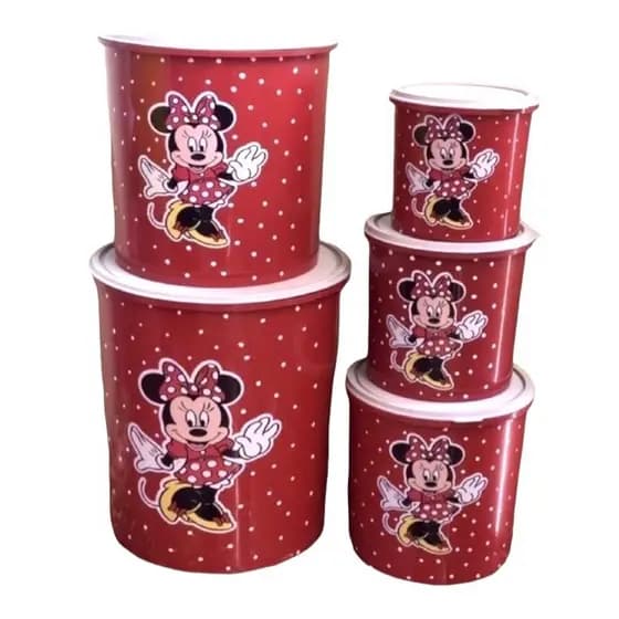 Kit Potes Mantimentos Plástico Redondo Personalizados Minnie Kit 05 peças Cozinha Decoração