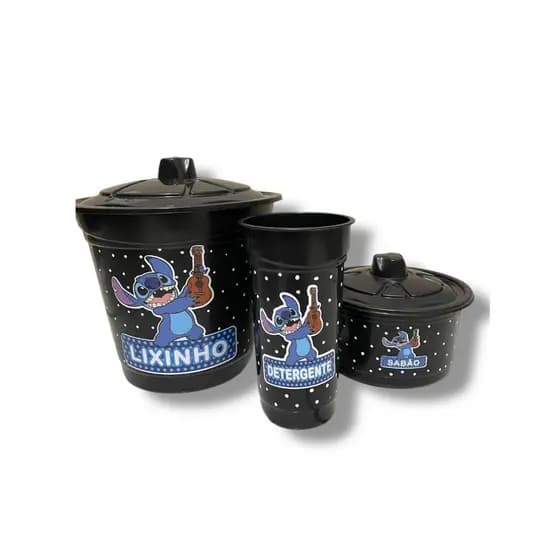 Conjunto Pia Plástico Jogo Cozinha Stitch Novo Jogo 3 Peças Lixeira Porta Sabão Porta Detergente