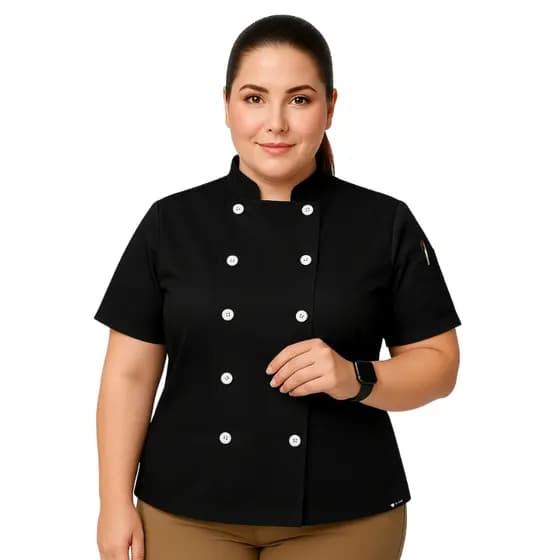 Dólmã Feminina Para Chef Cozinha Plus Size Uniforme Cozinheira Restaurante Padaria Lancheria Gambuza Manga Curta Cores