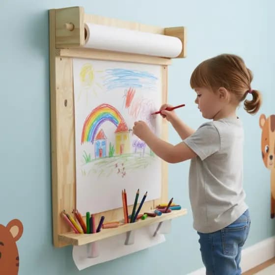Lousa Montessori Infantil de Parede em Madeira Natural Painel Criativo para Desenho+ Bobina de papel