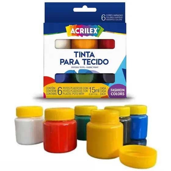 Tinta Para Tecido Acrilex Para Pintar Tela Pano de Prato Kit 6 Cores 15ml