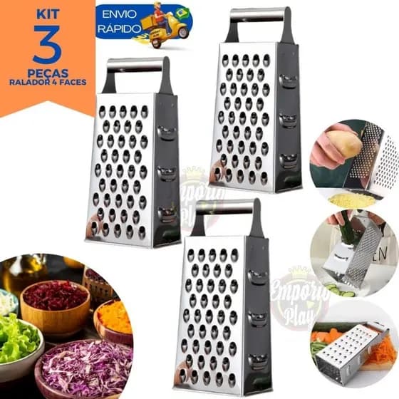Kit 3 Ralador Aço Inox 4 Faces Resistente Cozinha Para Verduras Legumes Queijo Multiuso 21cm