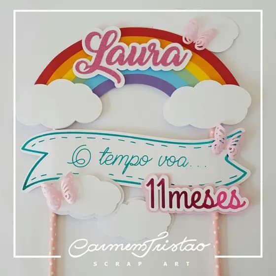 Topo/Topper de bolo 3D O TEMPO VOA MÊSVERSÁRIO personalizado