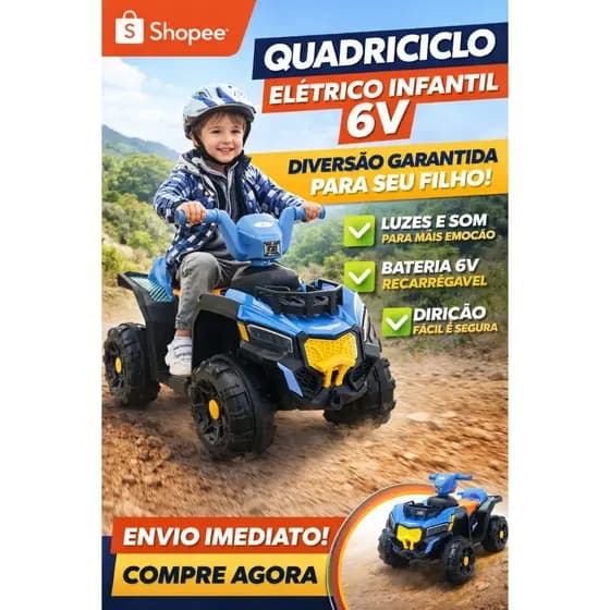 Quadriciclo Elétrico Infantil 6V Recarregável Motor Elétrico 3 anos Brinquedo Super Resistente