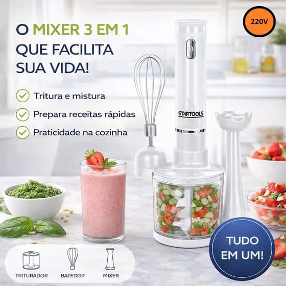 Mixer Processador Kit 3 Em 1 220V 200W Batedor Alimentos Fouet