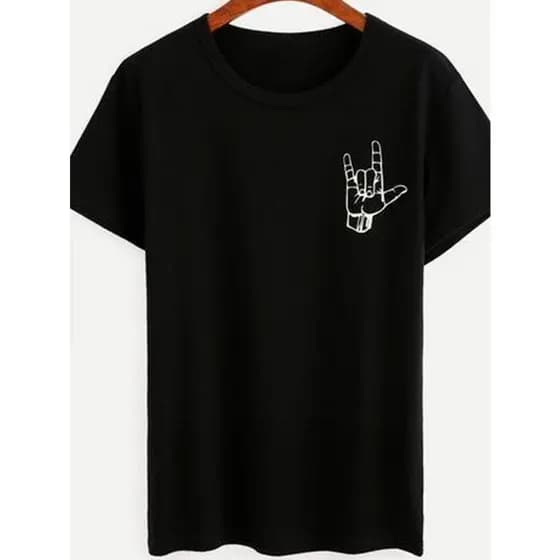 Camiseta Rock N Roll Hand Sign Estampa Caveirinha Mãos